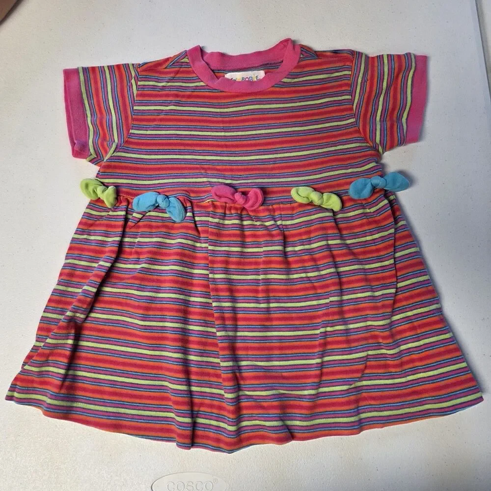 Vintage Gymboree Stripes Bows Flower Pots Dress Toddler Medium Rainbow Tag 90s